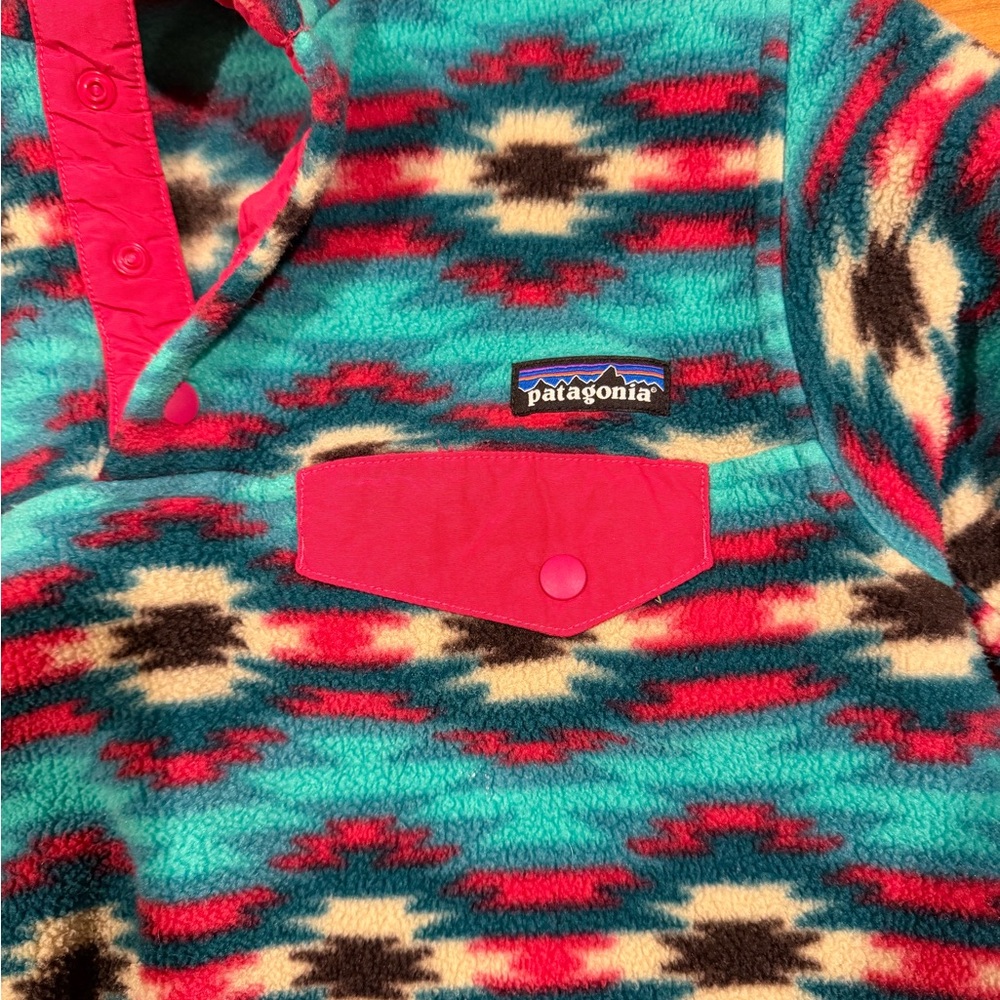 Patagonia Women's Patterned Fleece Sweatshirt - Teal, Pink, Black - Picture 2 of 6